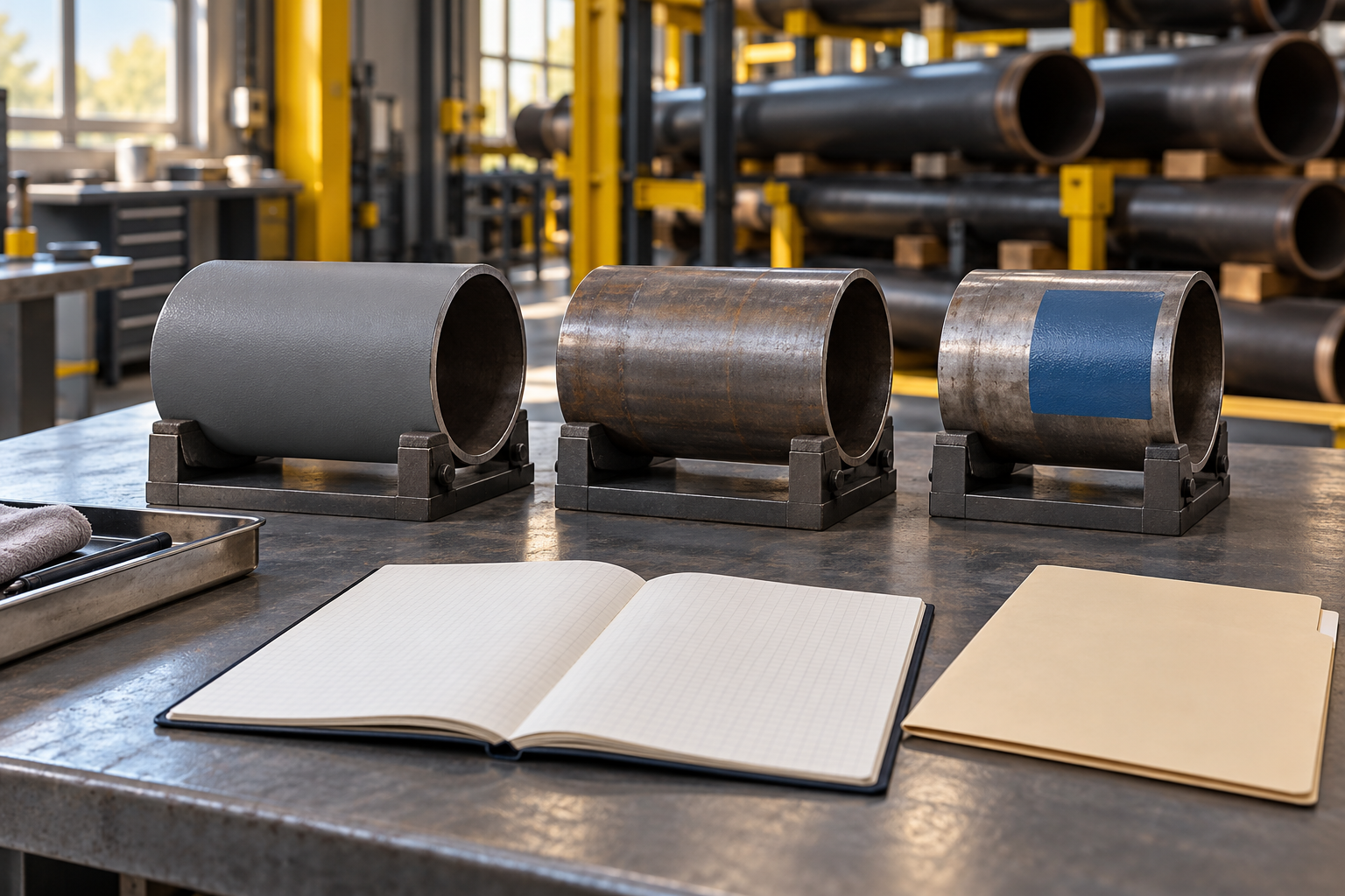 Three pipe samples in workshop cradles beside a blank notebook and planning folder.